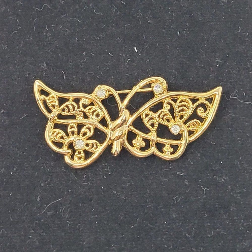 Modern Gold Tone‎ Filigree Butterfly Brooch Pin Pendant Rhinestone Embellished